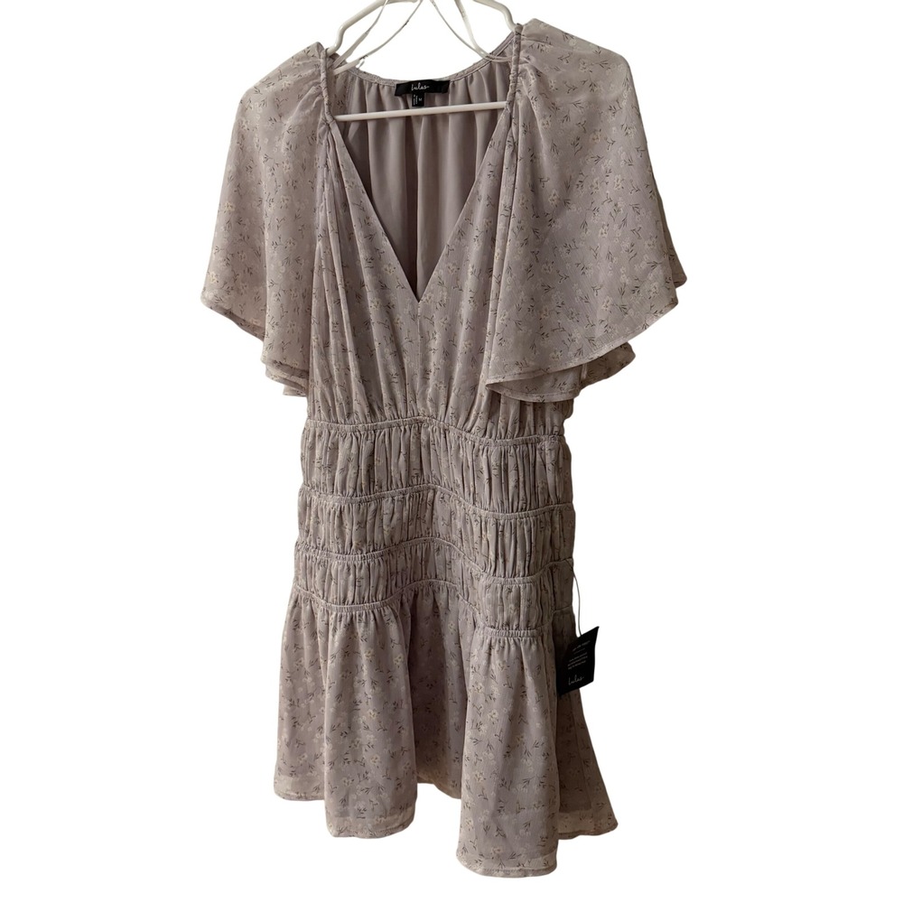Lulus Floral Smocked Mini Dress Lavender Grey Flutter Sleeve LD47498026 Womens M